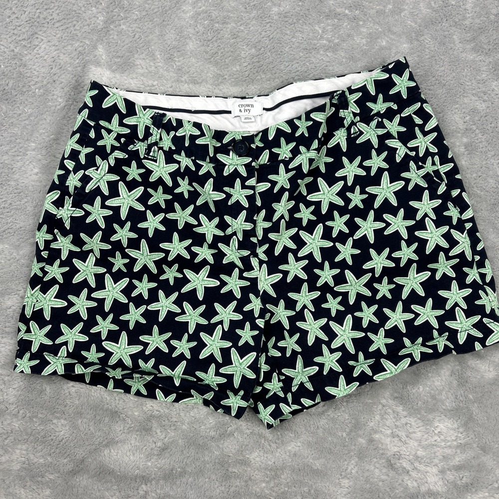 Crown Ivy Sz 10 Cotton Chino Shorts Navy Blue Green Starfish 4.5" Inseam Coastal